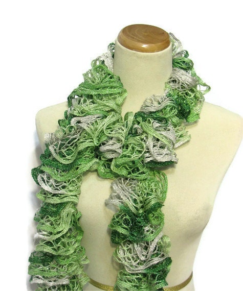 Holiday Hand Knit Scarf - Ruffled - Variegated Green