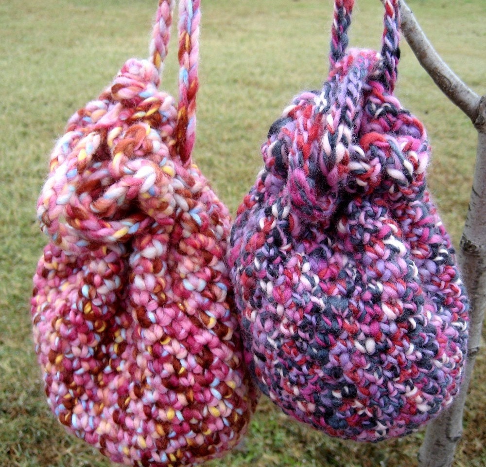 Crochet Wool Drawstring Wristlet Handbag Purse by UnhungHarps