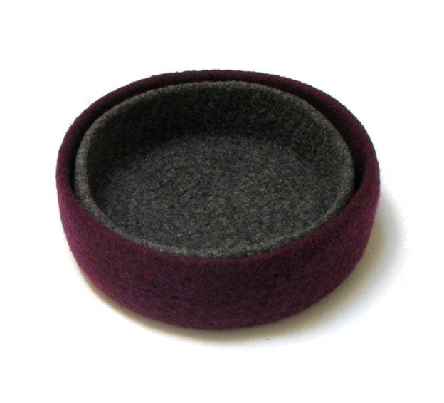 big felted wool bowl nesting set in purple and charcoal grey