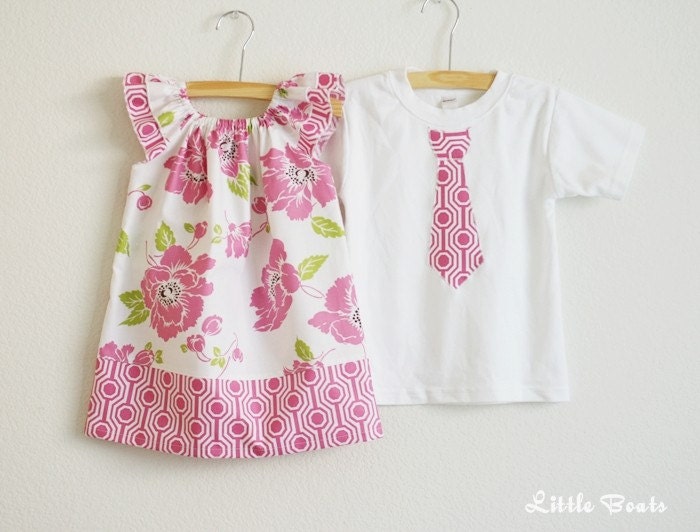 Brother / Sister SET ... Dolce Flutter sleeves Dress & Matching Neck Tie Applique Boys SHORT sleeves T-shirts or Onesie