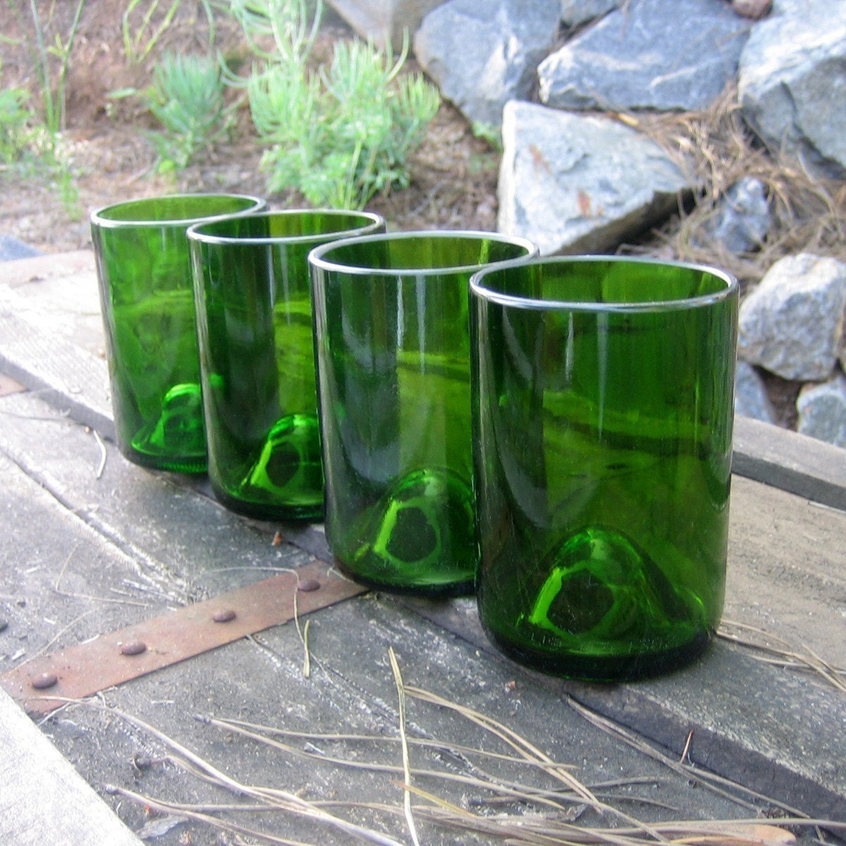 Four Short Green Wine Tumblers with Punts // Recycled Glass Bottles