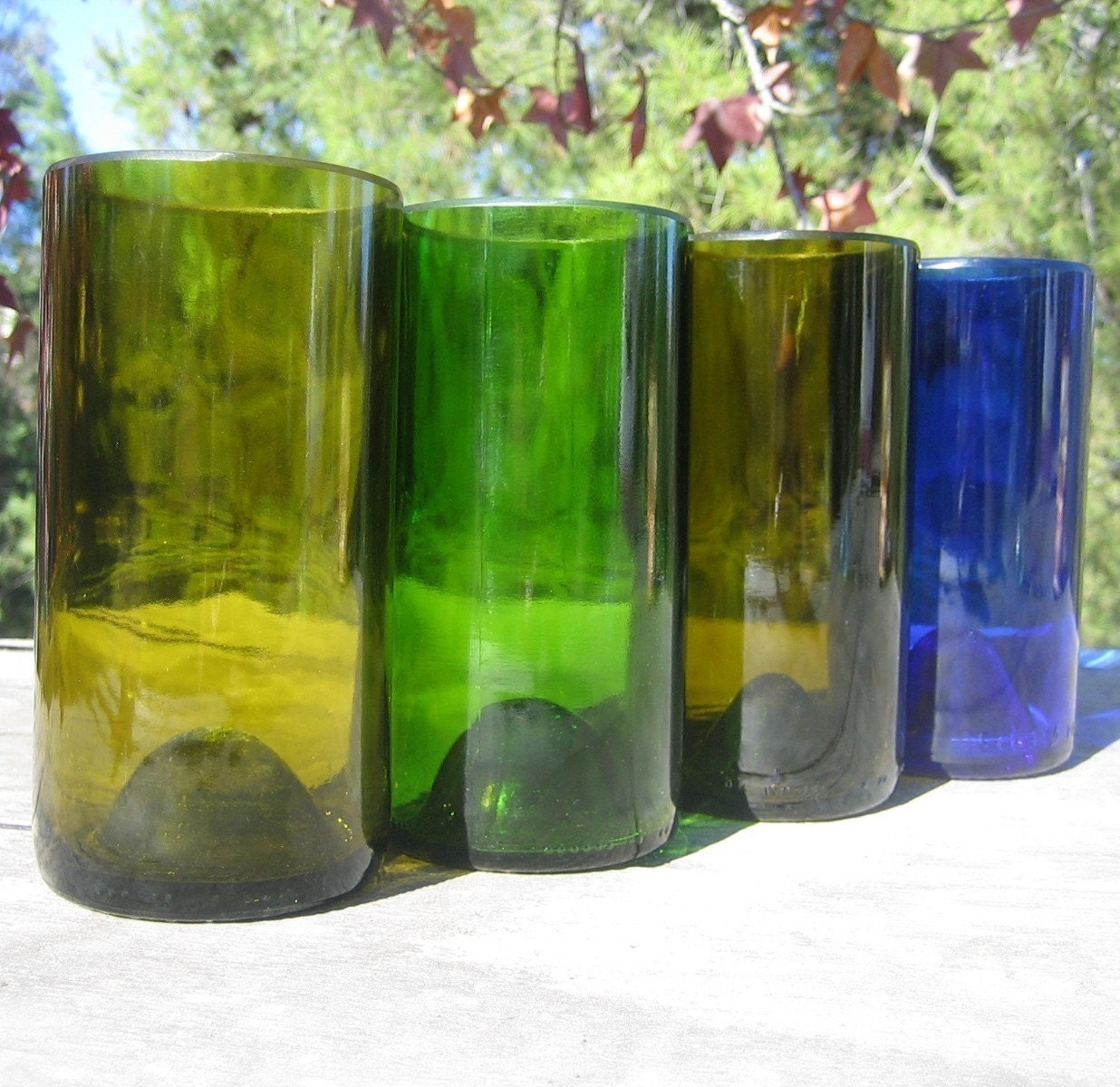 Tall recycled glasses made from Wine Bottles with Blue