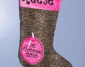 Baby's 1st Christmas stocking Chetah Minky Dot
