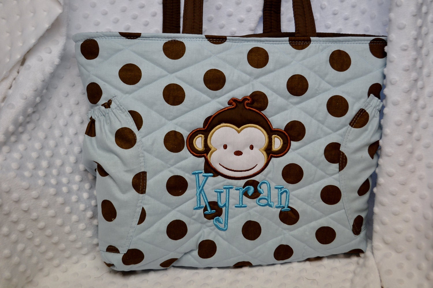 Monkey Applique Personalized Quilted Large Diaper Bag for Boys in  Blue and Brown
