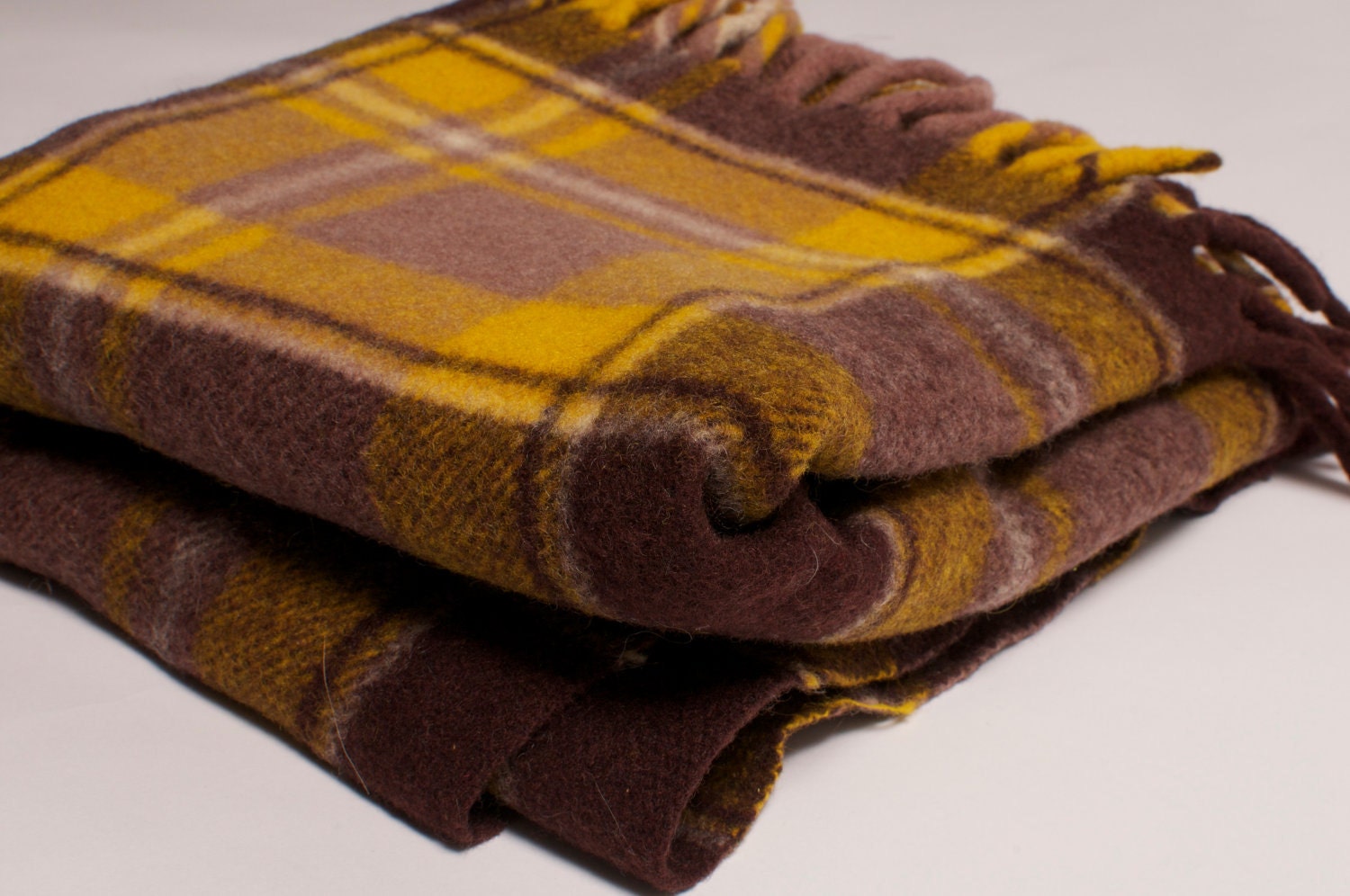 Wool Mustard and Brown Plaid Throw
