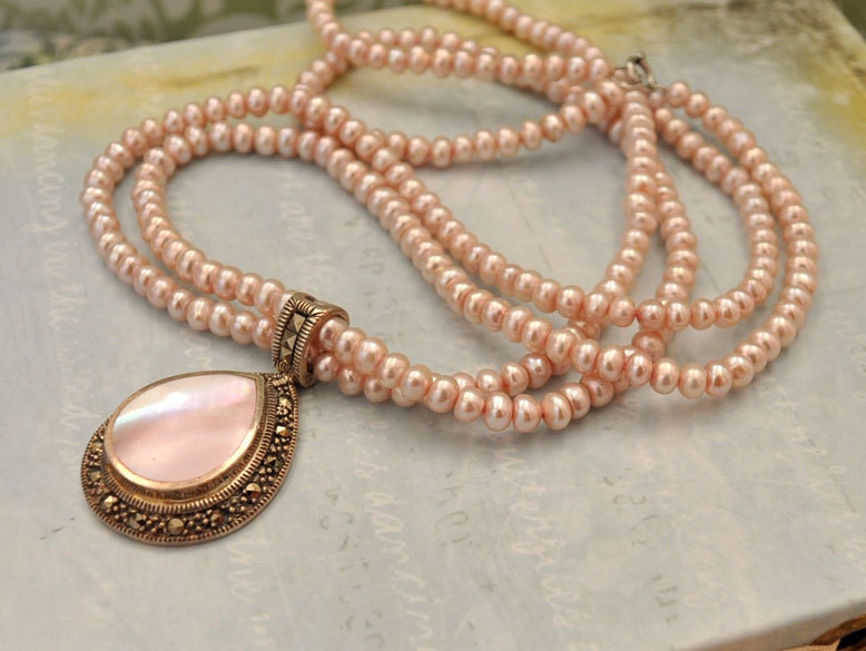 The PINK PEARL, vintage repurposed sterling silver necklace of natural pink grade AA pearls and pink shell pendant