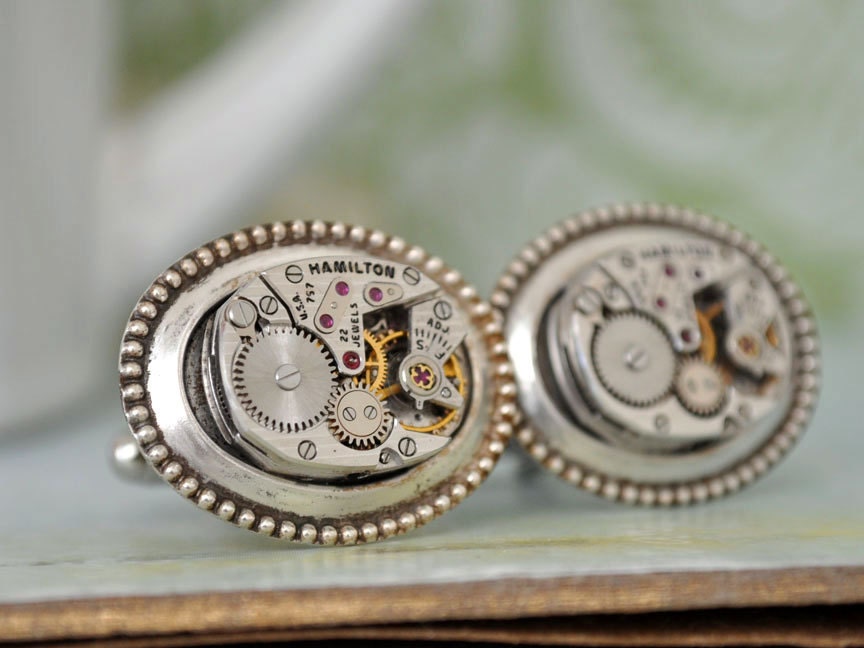 THE TIME KEEPER steampunk vintage Hamilton 22 jeweled watch cufflinks