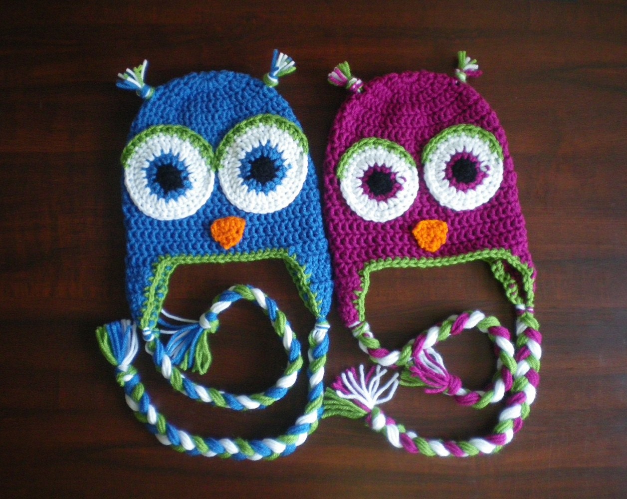 Twin owl hat ear flap set - Blue and Magenta with fern green trim - Newborn or 0-3 Month Size - pcs.