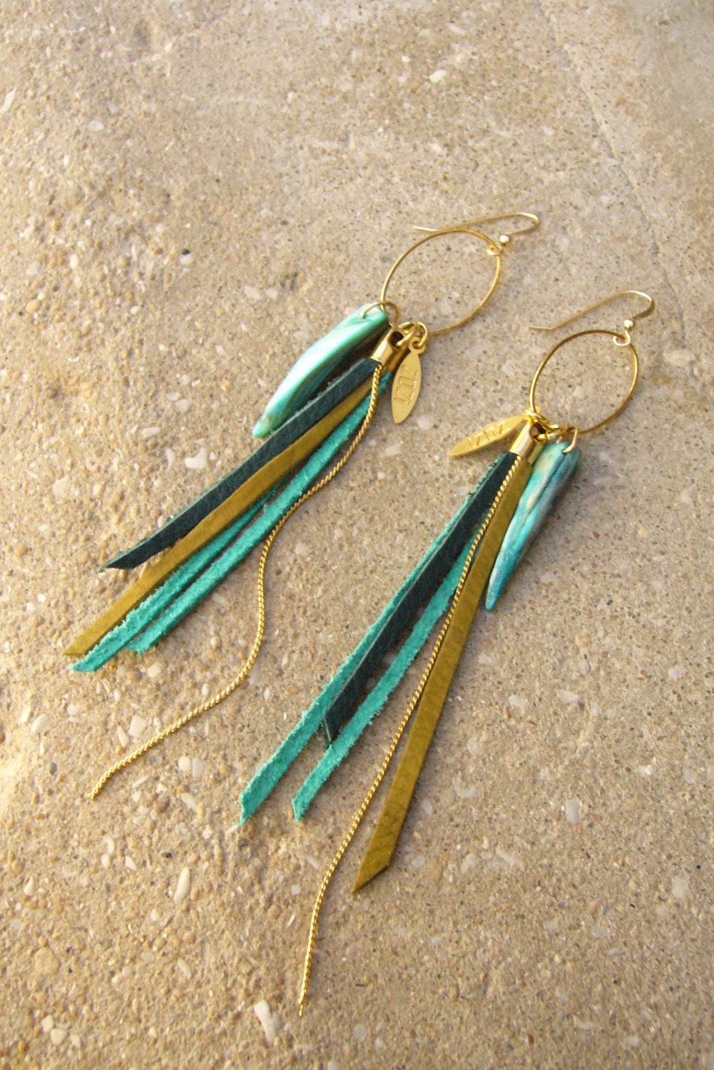 Leather Fringes Long Earrings- Bird of Paradise- Turquoise summer jewelry