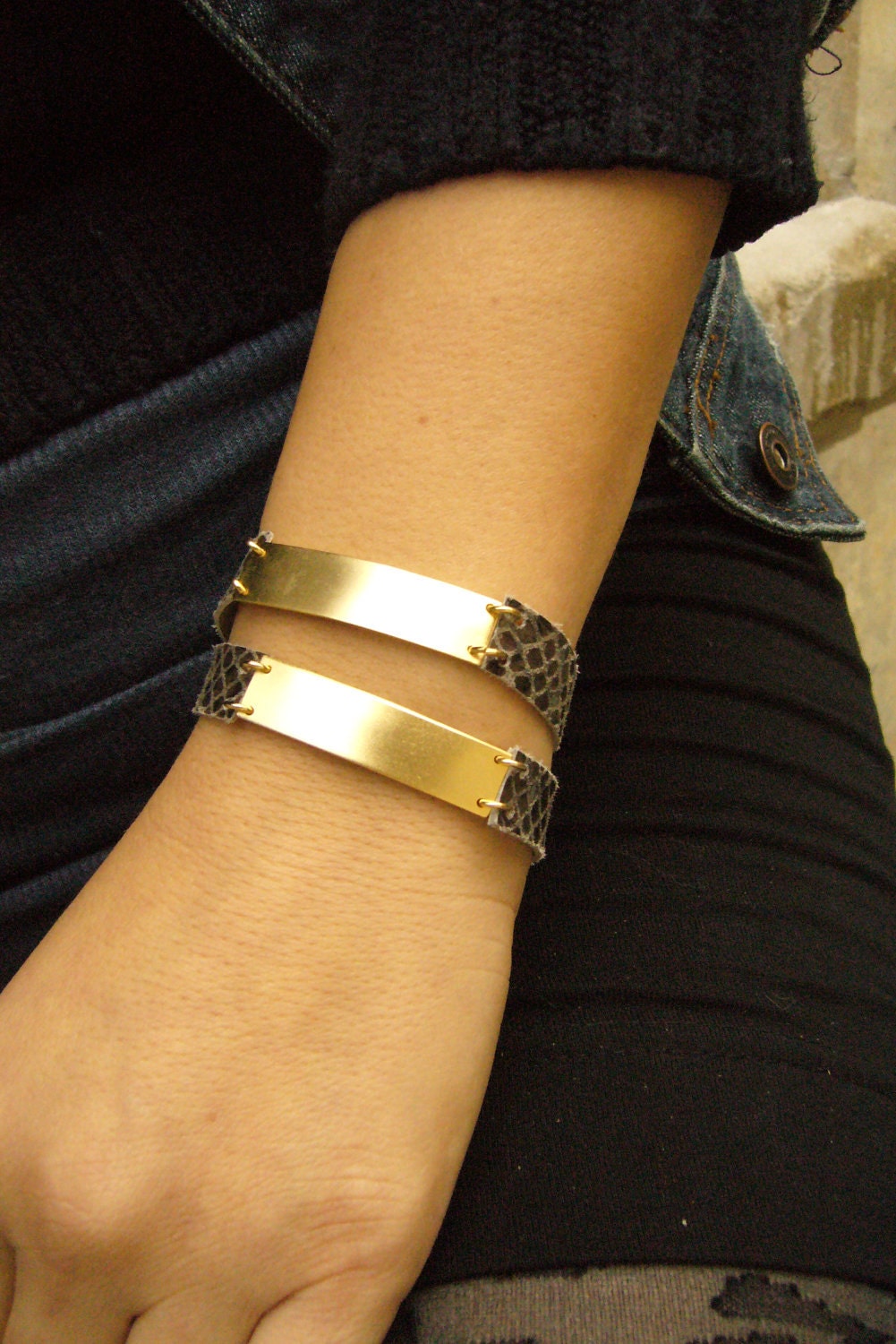 Leather Bar Wrap Bracelet- Plate Bracelet- Grey Snake Skin and Gold, his or hers