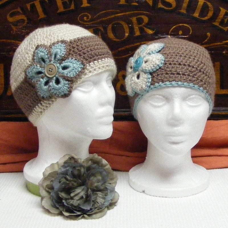 Hand Crocheted Woman's Cloche Hat -Natural Hat with Taupe Band & Tiffany Blue Flower