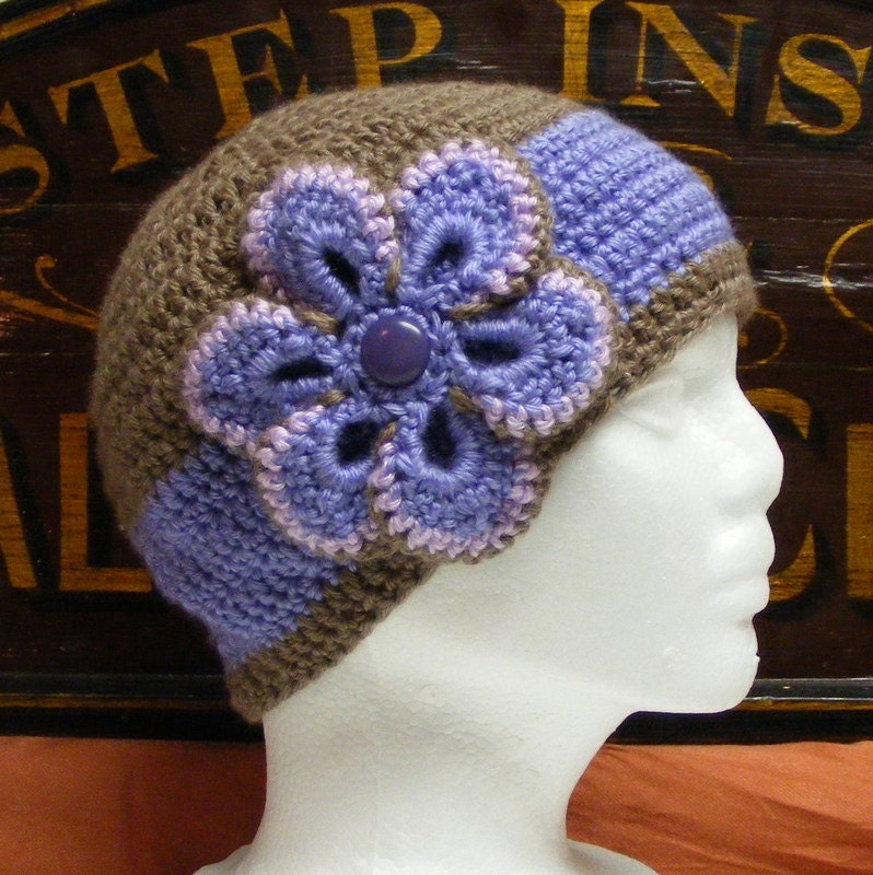Hand Crocheted Woman's Cloche Hat -Taupe Hat w Lavender Blue Band and flower Light Purple