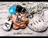 Personalized Necklace Hand Stamped Jewelry - Sterling Silver - I Love you Hand Sign - Heart - Sea Blue Custom Birthstone