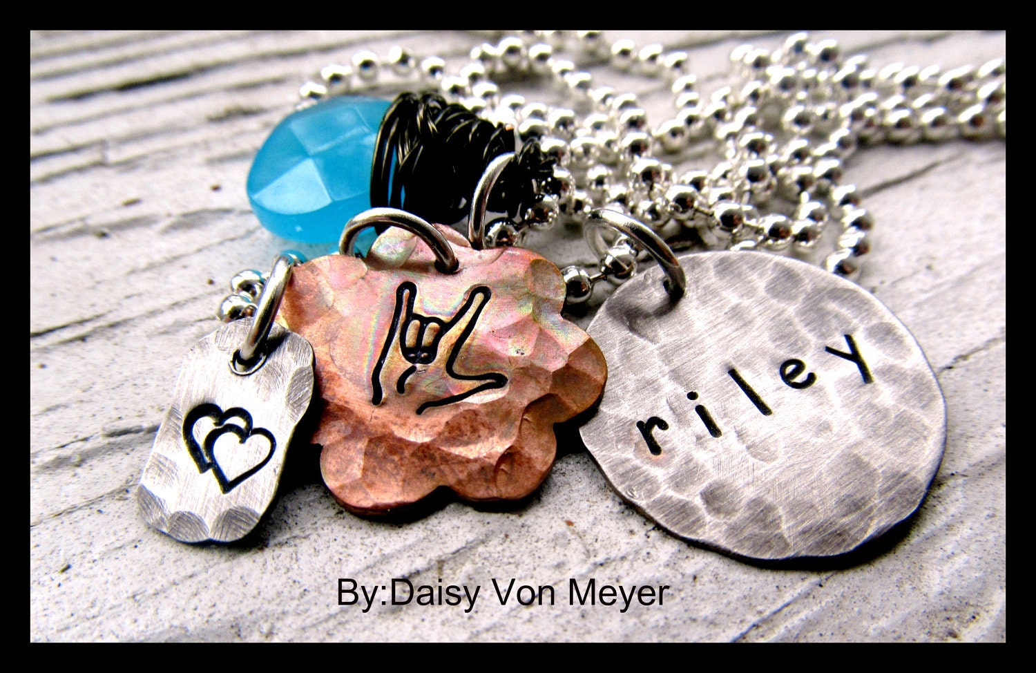 Personalized Necklace Hand Stamped Jewelry - Sterling Silver - I Love you Hand Sign - Heart - Sea Blue Custom Birthstone