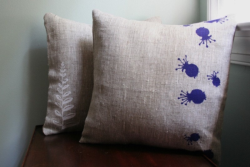 Natural Linen Pillow. Hand Screen-printed with Purple Seed Pods.
