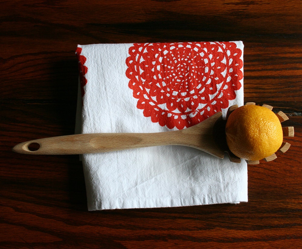 Tea Towel. Cotton Flour Sack. Tangerine Doily.