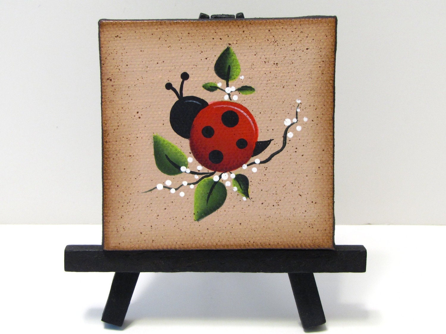 Ladybug Mini Canvas on Easel Handpainted Home by ToleTreasures