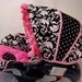 Custom Boutique Black Damask Hot Pink Infant Car Seat Cover 5 piece set