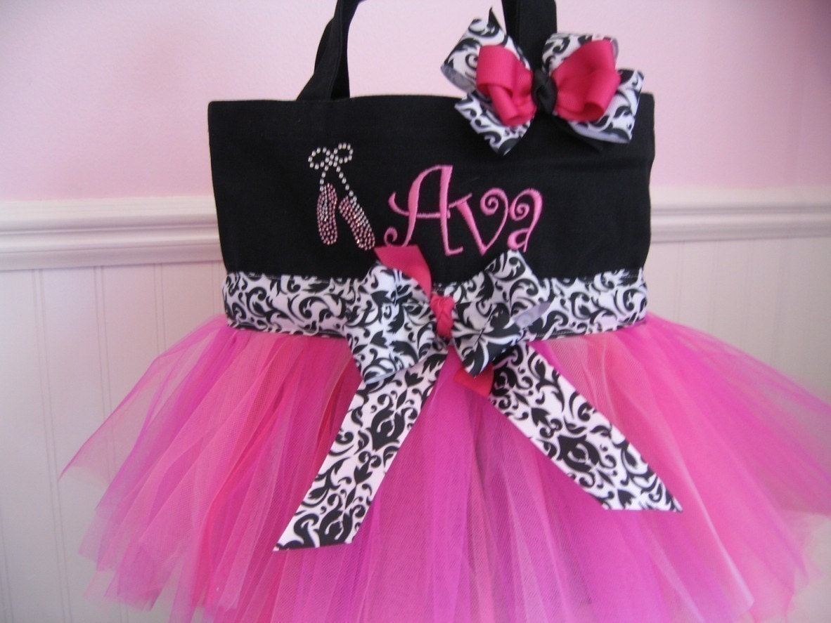 Embroidered Dance Bag - Black and Pink with ballet slippers and matching hairbow