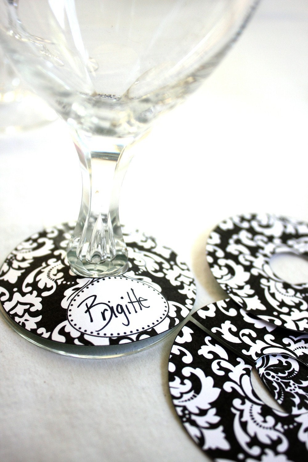 Printable Paper Bold Damask Wine Glass Slipper Name Card Tag