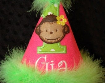 Pretty in PINK and Lime 1st Birthday Party Hat Modern Monkey Girl Party or have me custom make a hat to match your party theme
