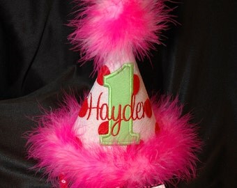 1st Birthday Party Hat Strawberry Shortcake inspired with maribou feather trim or have me custom make a hat to match your party theme