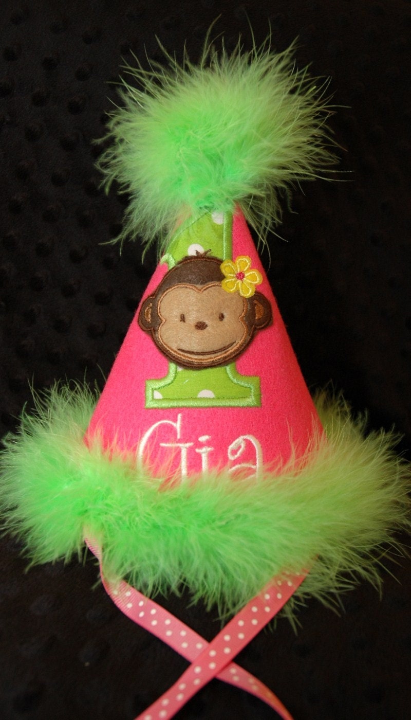 Pretty in PINK and Lime 1st Birthday Party Hat Modern Monkey Girl Party or have me custom make a hat to match your party theme