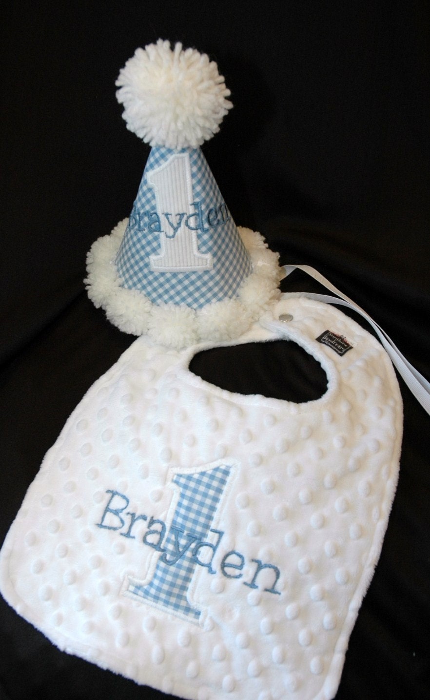 1st Birthday Party Hat Blue and white Gingham and Bib Combo Set or have me custom match your party theme