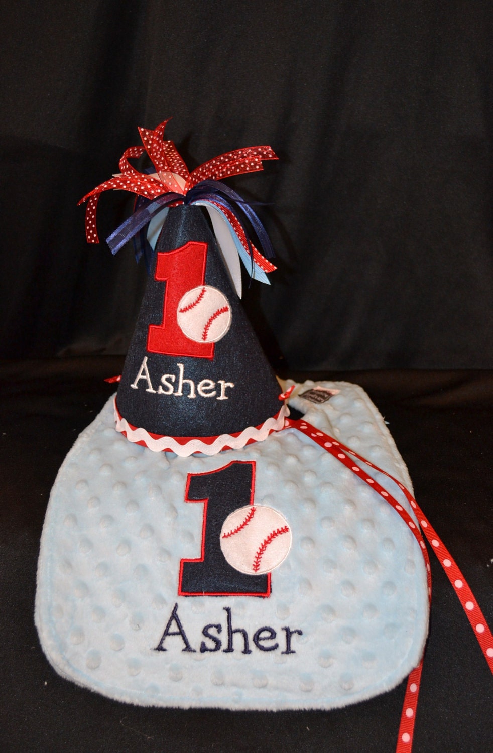 1st Birthday Hat and Bib Combo Set Baseball Theme or have me create a set in your theme and colors