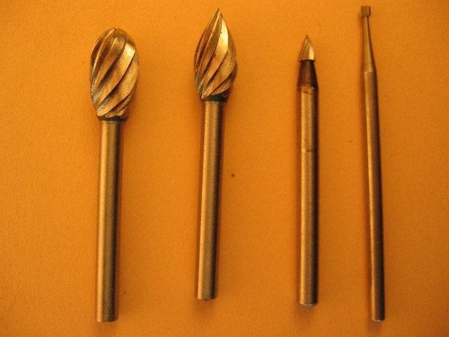 Wood Carving Supplies, bits for Dremel Tool, Three 1/8 inch shanked and One 1/16" shanked HSS Dremel cutters, burrs, bits