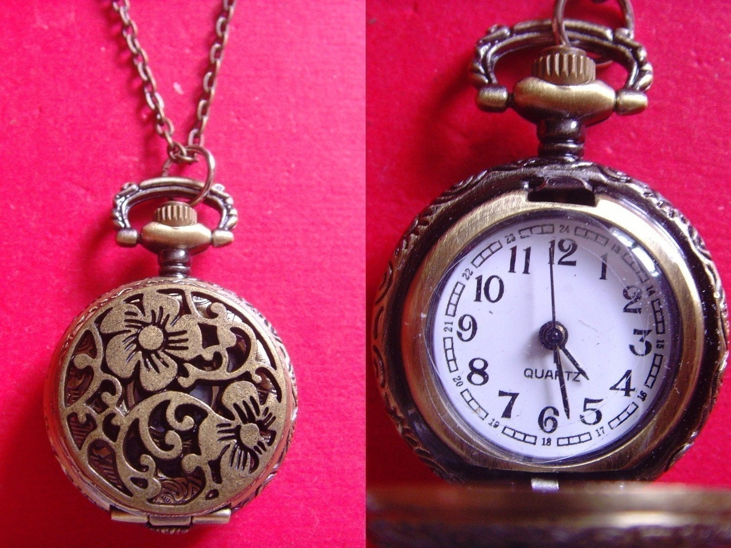 DIY handmade stunning flower floral filigree bronze locket pendant mini pocket watch 24 inches chain