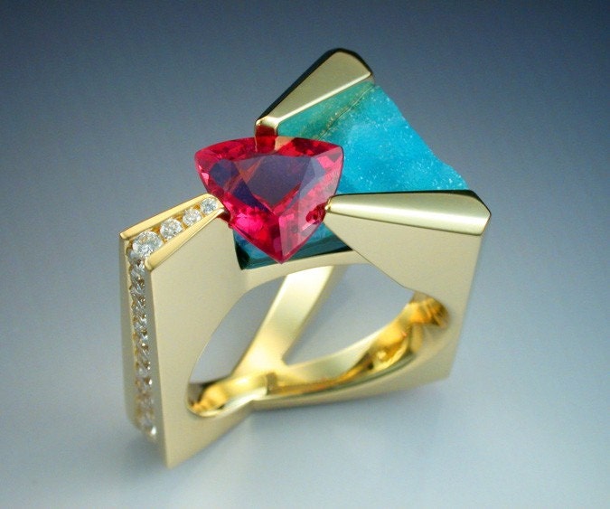 18k Pink Tourmaline, diamond and chrysocolla ring