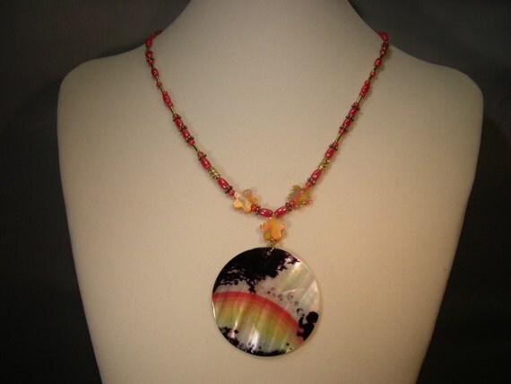 Whimsycle Capiz Shell Medallion Red And Gold Necklace with Child Blowing Bubbles