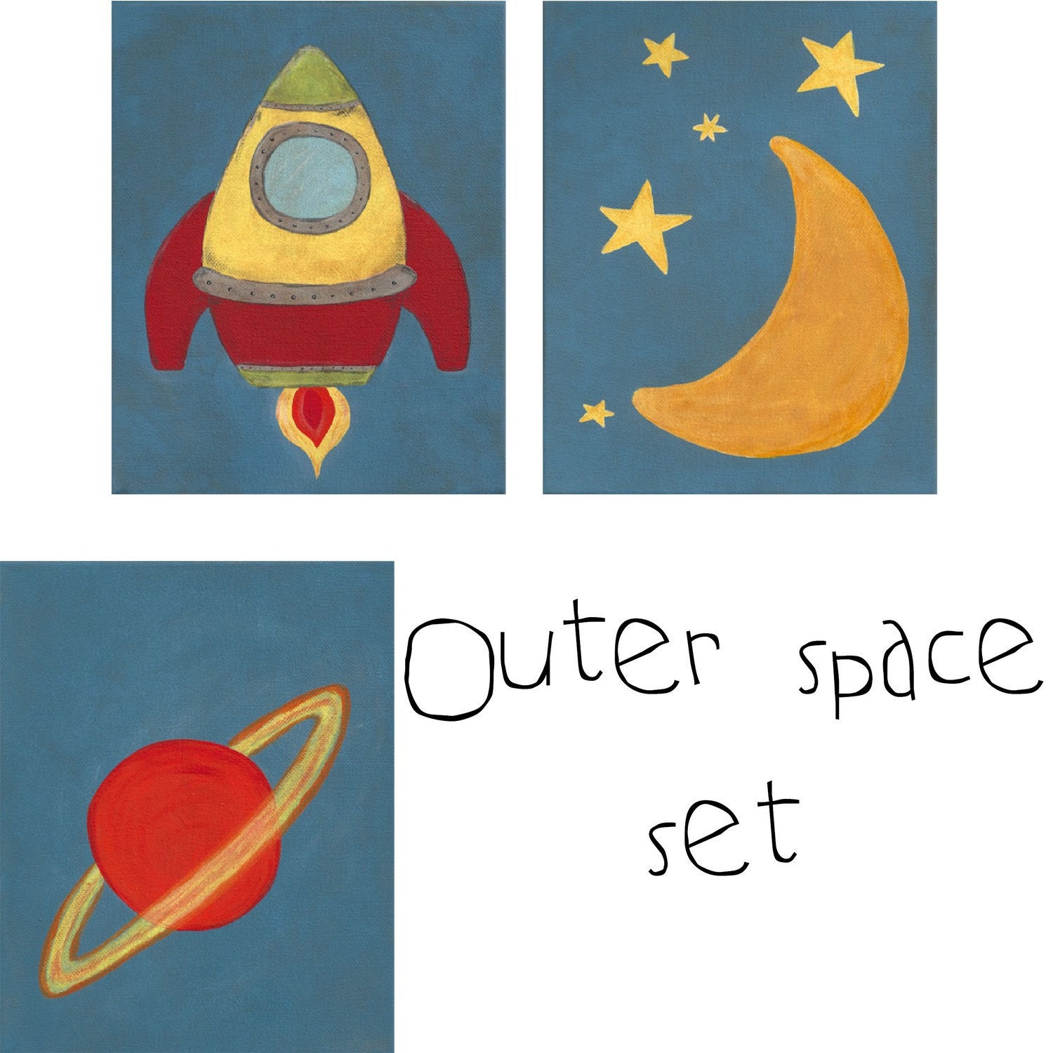 NEW - Outer Space Set - Set of three 8x10 PRINTS - solar system space rocket ship art for children nursery decor - kids - baby - children