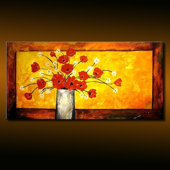 Original Modern Abstract  Floral Painting red puppies by Henry Parsinia large 48x24