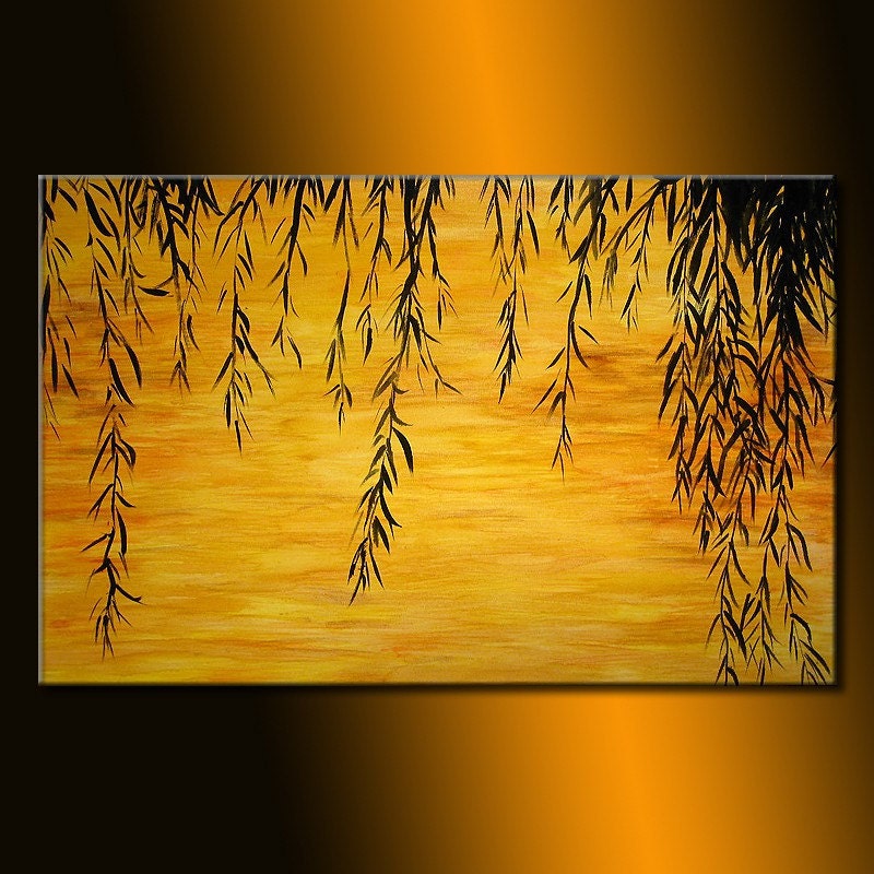 Original landscape Painting, Contemporary Sunset Lake Fine Art, Willow Treee Abstract by Henry Parsinia Large 36x24