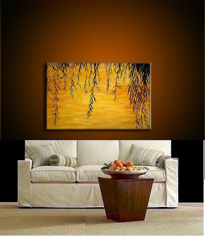 Original landscape Painting, Contemporary Sunset Lake Fine Art, Willow Treee Abstract by Henry Parsinia Large 36x24