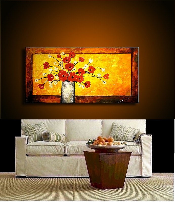 Original Modern Abstract  Floral Painting red puppies by Henry Parsinia large 48x24