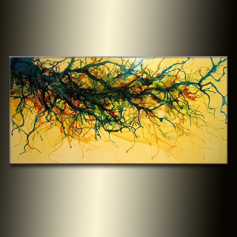 Original Abstract painting, Yellow Brown Green Vine landscape Contemporary, Modern Abstract Fine art By Henry Parsinia Large 48x24