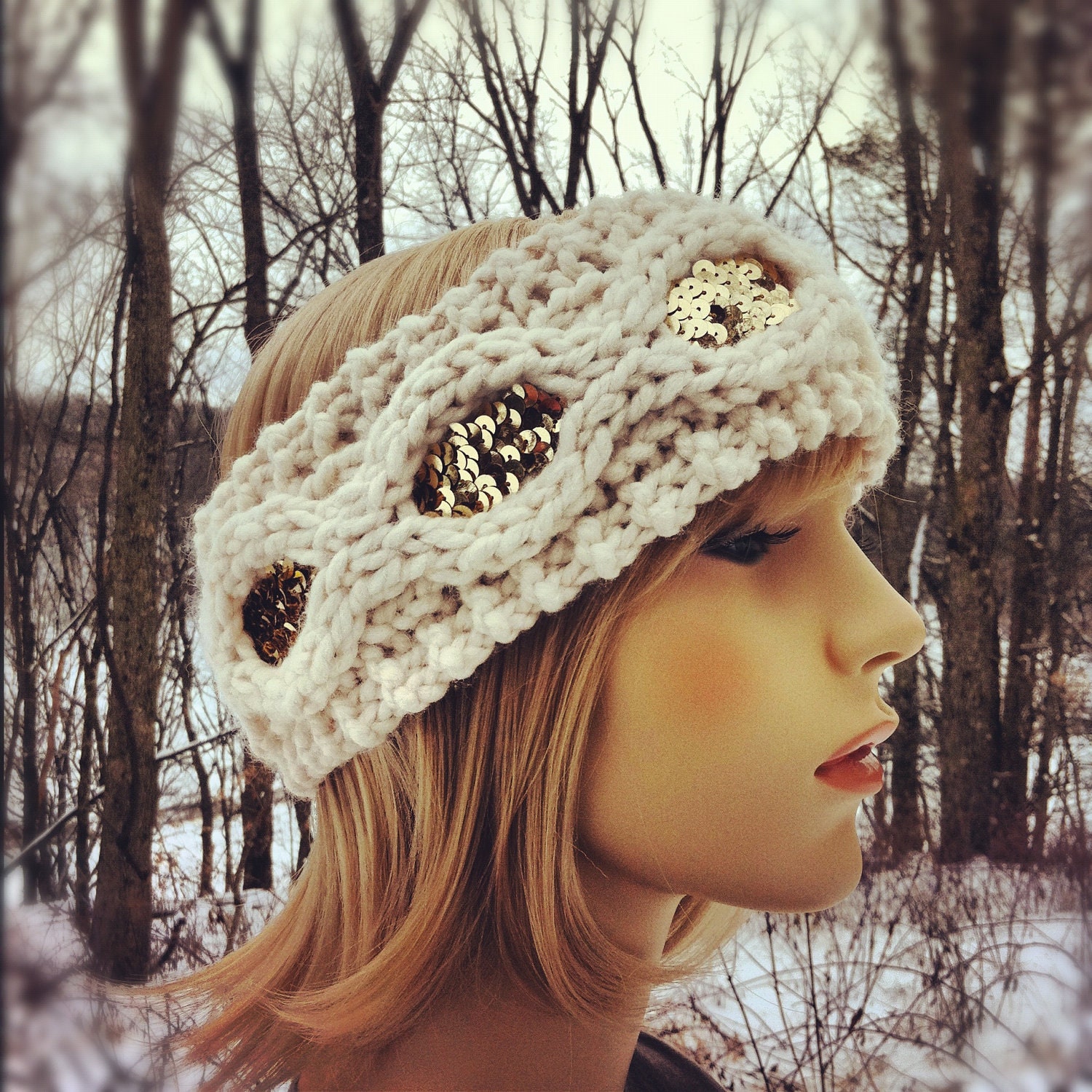 Flapper Girl Sequin Headband Earwarmer - Ivory and Gold - MADE TO ORDER