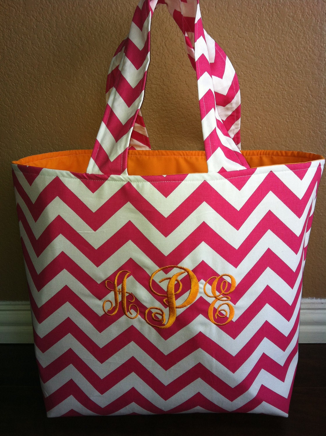 Candy Pink and White Large Monogramed Chevron Tote