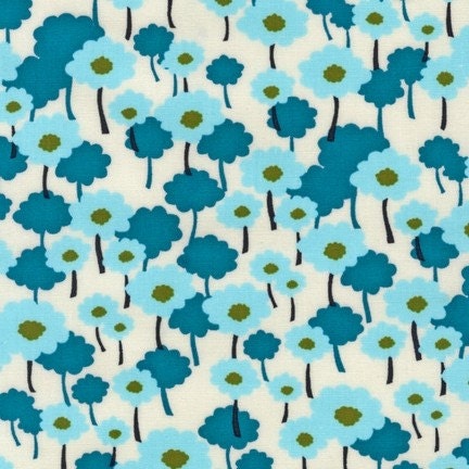 SALE.....20% OFF Poppies in Aqua, Nancy Mims, Pick A Bunch Organic, Robert Kaufman last 1/2 Yard