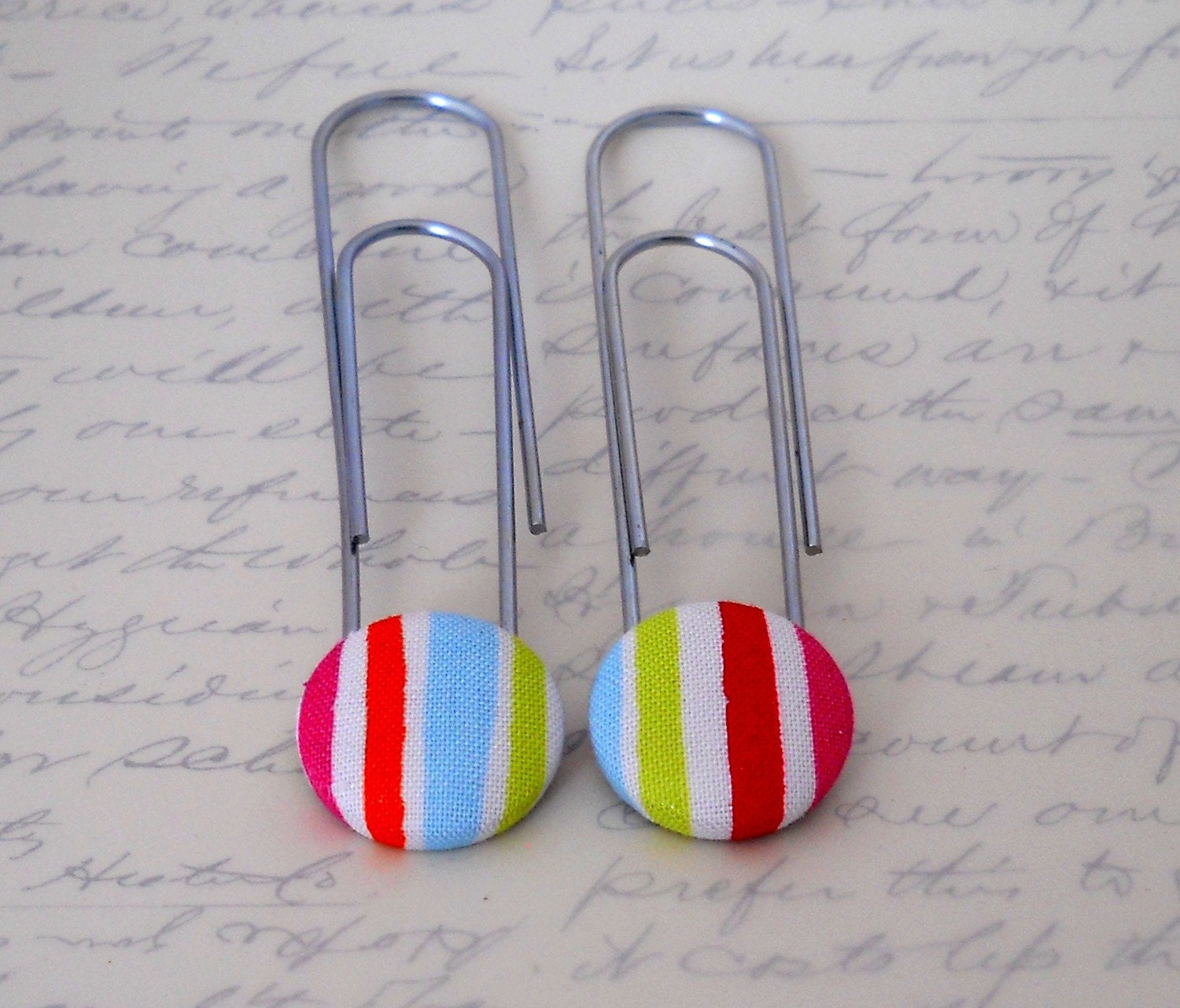 Bookmarks from fabric covered buttons (blue, pink, green, orange, red), handmade by JEJEWELED