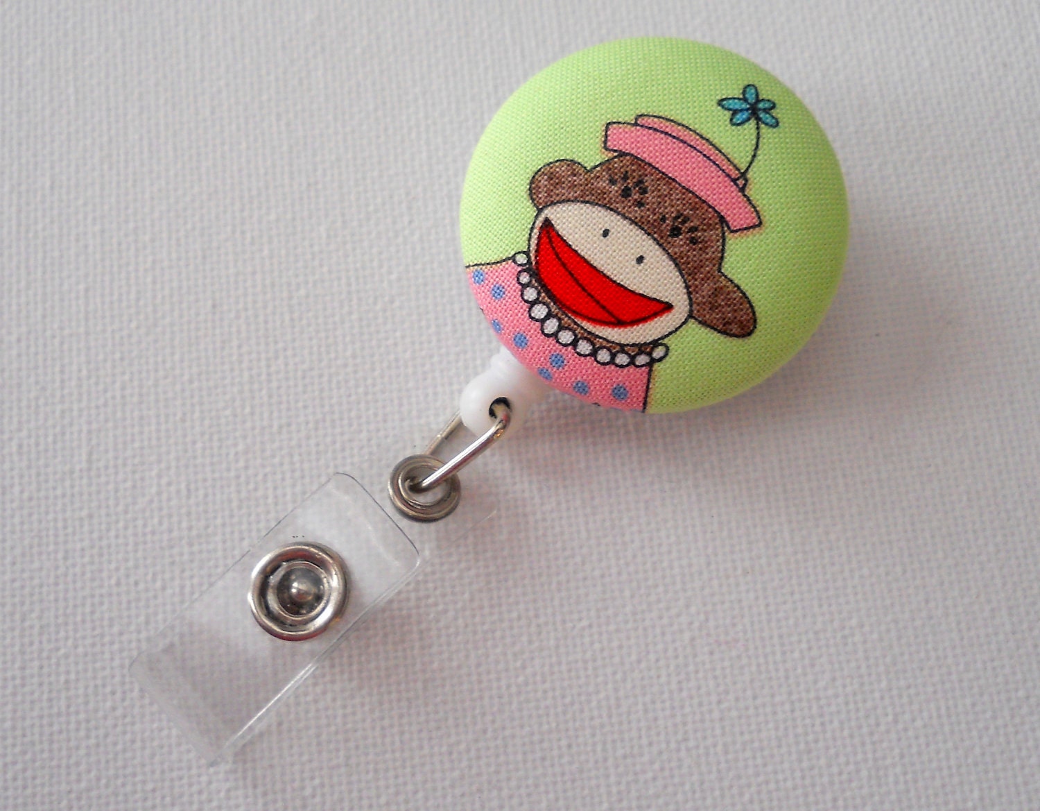 FLORA  Sock Monkey  - Name Badge Holder - Retractable ID Badge Reel -  Fabric Button Badge -  Fun Badge Clip - Peds Nurse Badge