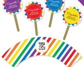 Rainbow party - Personalized DIY printable cupcake wrapper and topper set