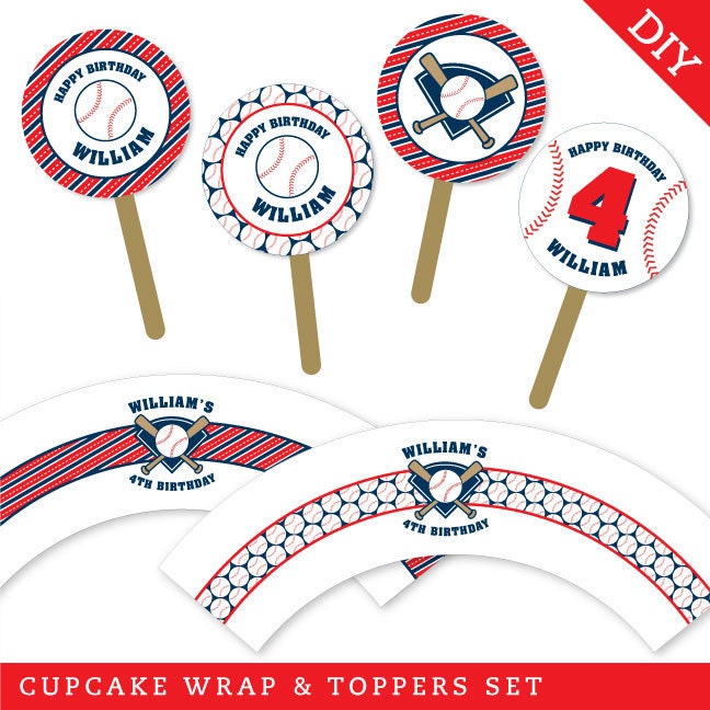Baseball party - Personalized DIY printable cupcake wrapper and topper set