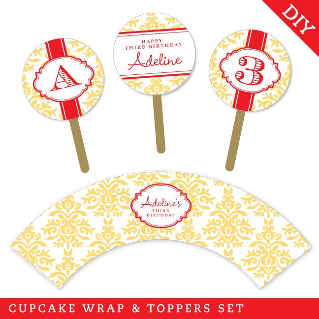 Design it yourself - Toile - Personalized DIY printable cupcake wrapper and topper set - Choose your own font and colors