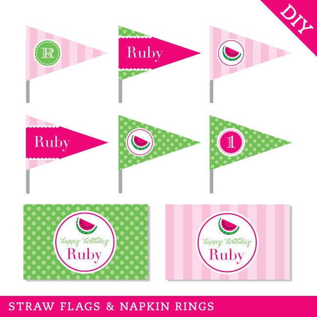 Watermelon party - Personalized DIY printable straw flags and napkin rings Il_570xn