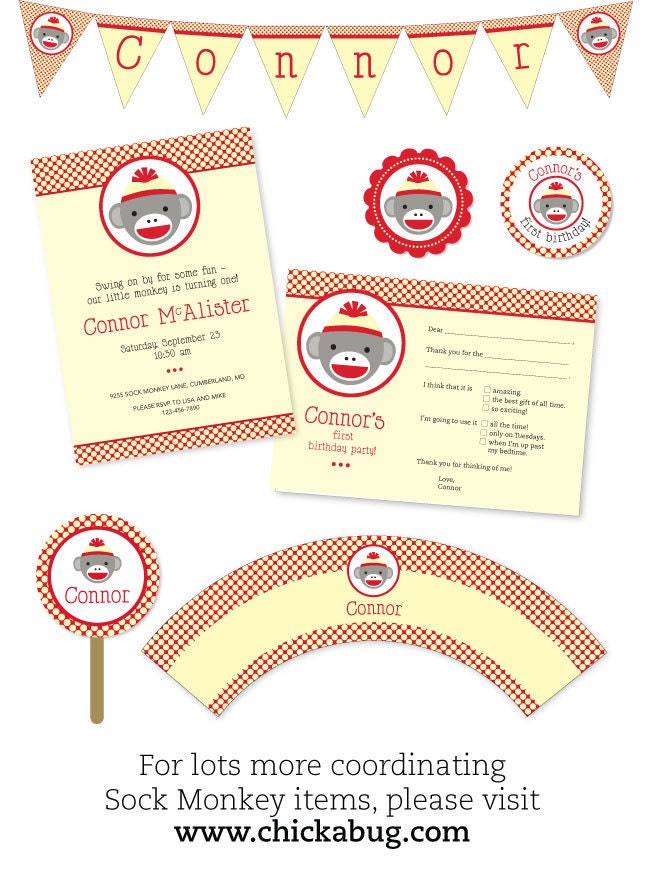 Sock Monkey party - Custom stickers - Sheet of 12 or 24