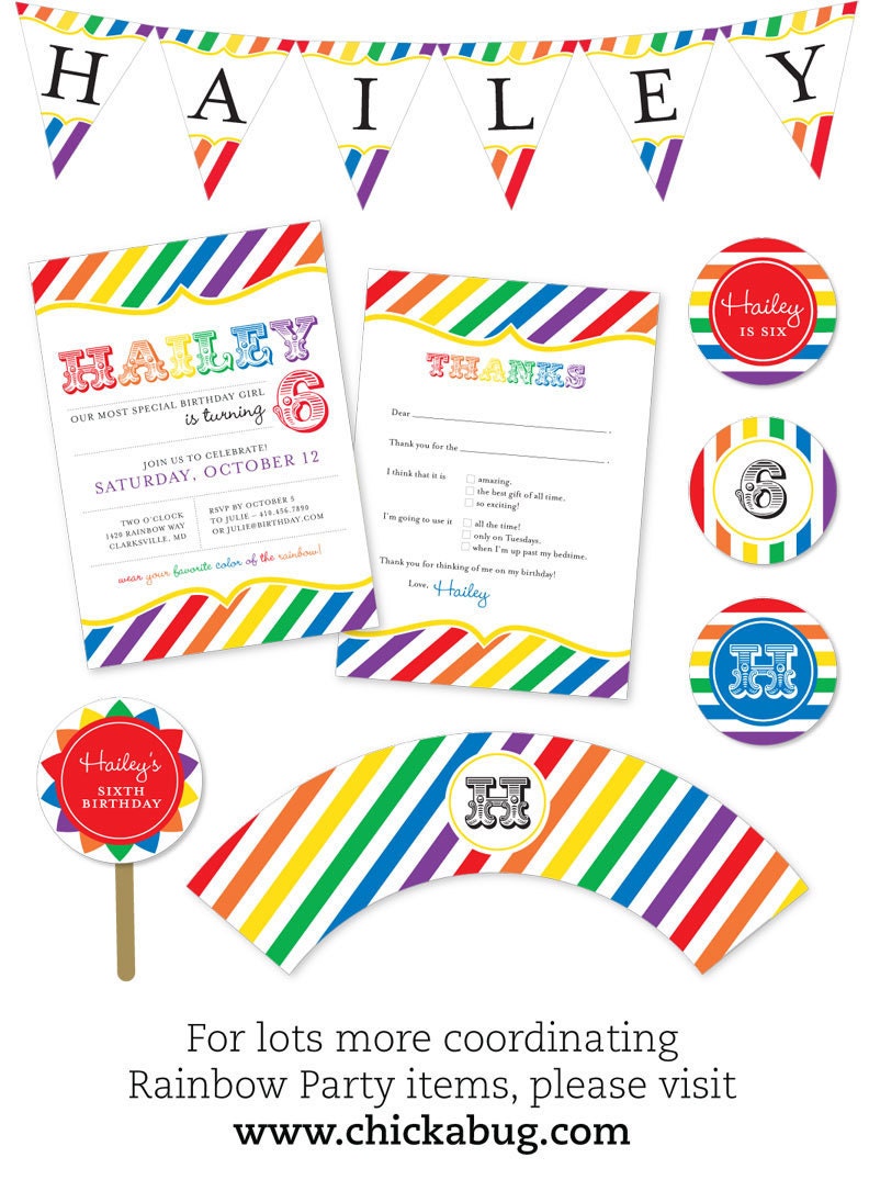 Rainbow party - Personalized DIY printable straw flags and napkin rings